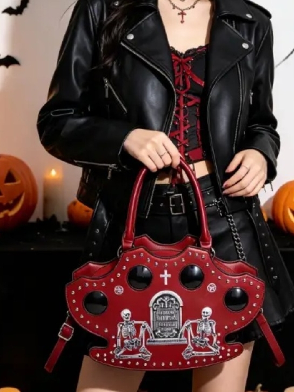Red Gothic Tombstone Studded Top-Handle Bag